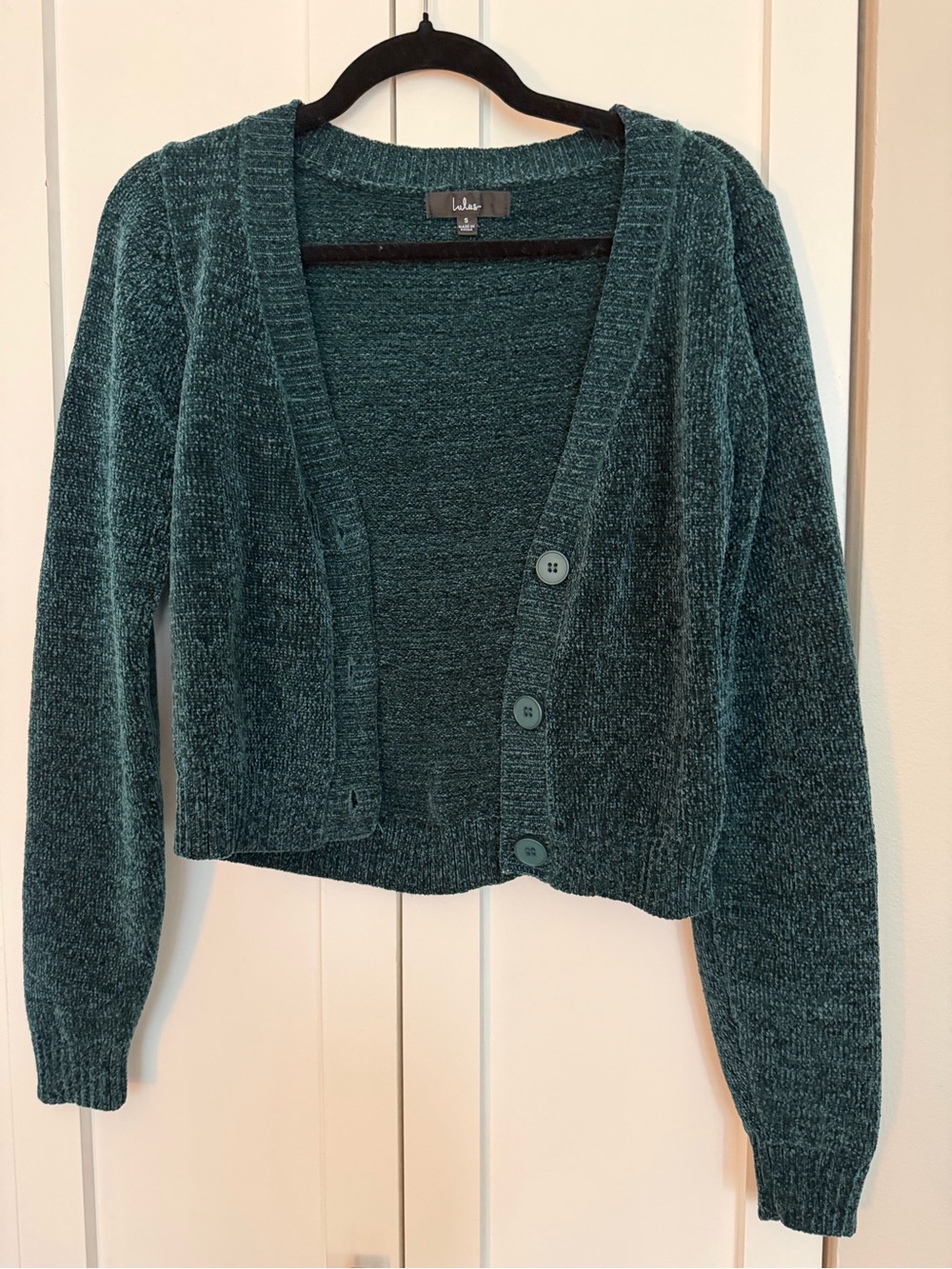 Lulu’s Chenille Cropped Cardigan Sweater in Teal